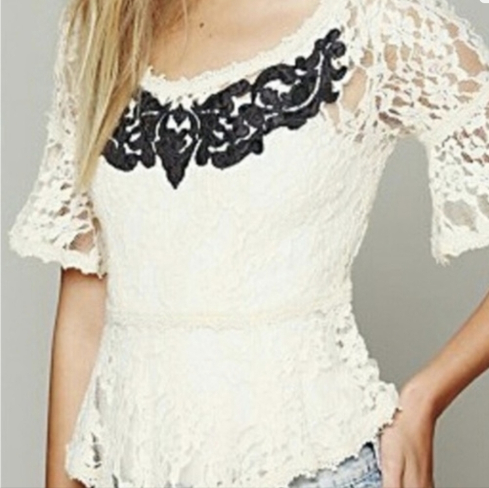 Free People Cream Lace Peplum Top with Navy Appliqué